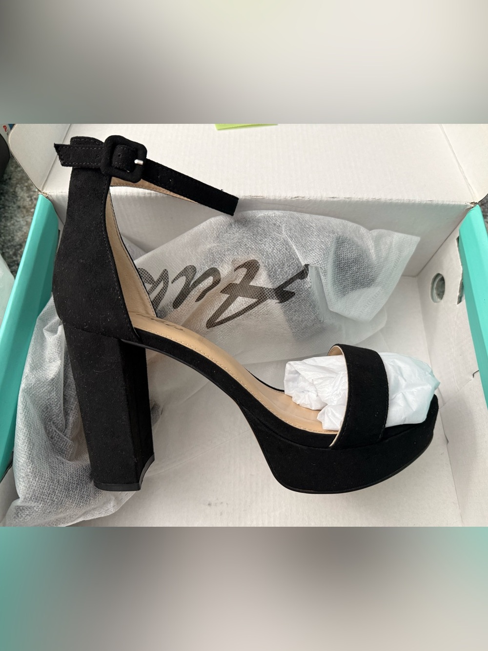 Black Suede Platform Block Heel Sandals with Ankle Buckle